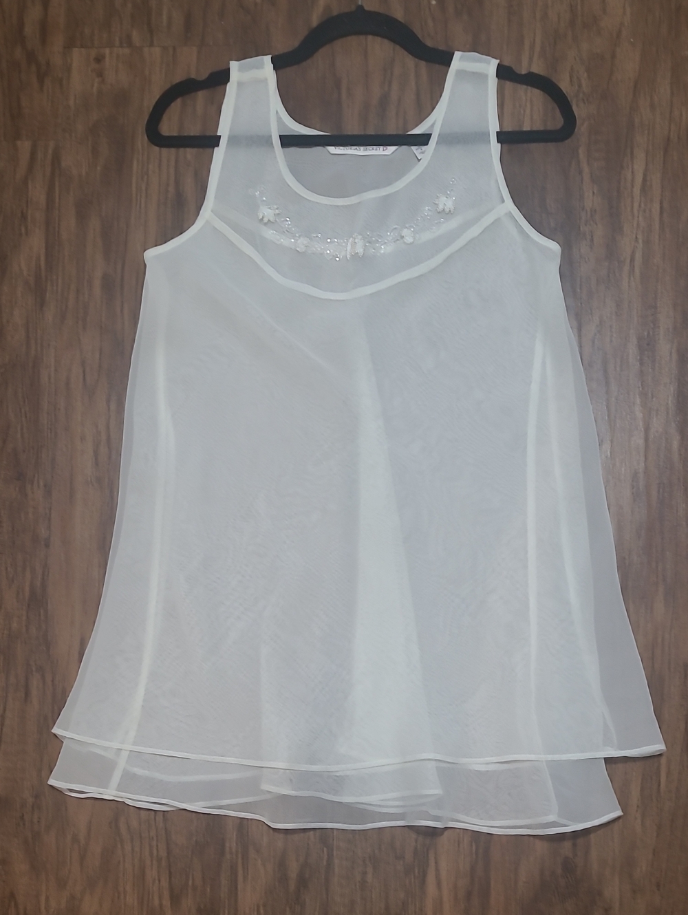 Victoria's Secret White Sheer Chiffon Chemise with Beaded Neckline